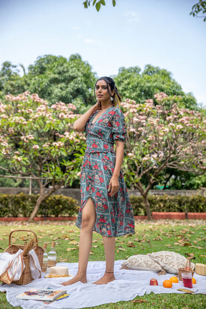 Floral Frame Red Corset Dress - Yuvani