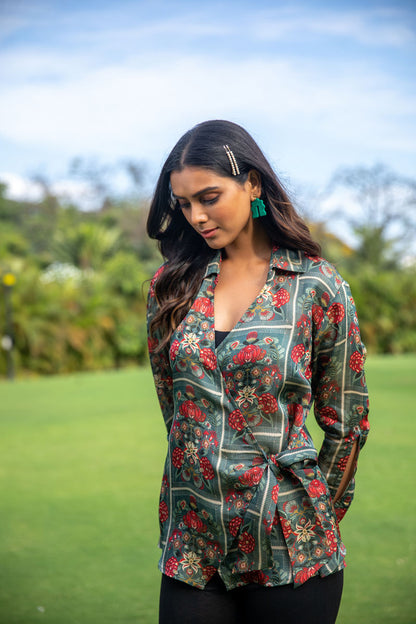 Floral Frame Tie-up Green Shirt - Yuvani
