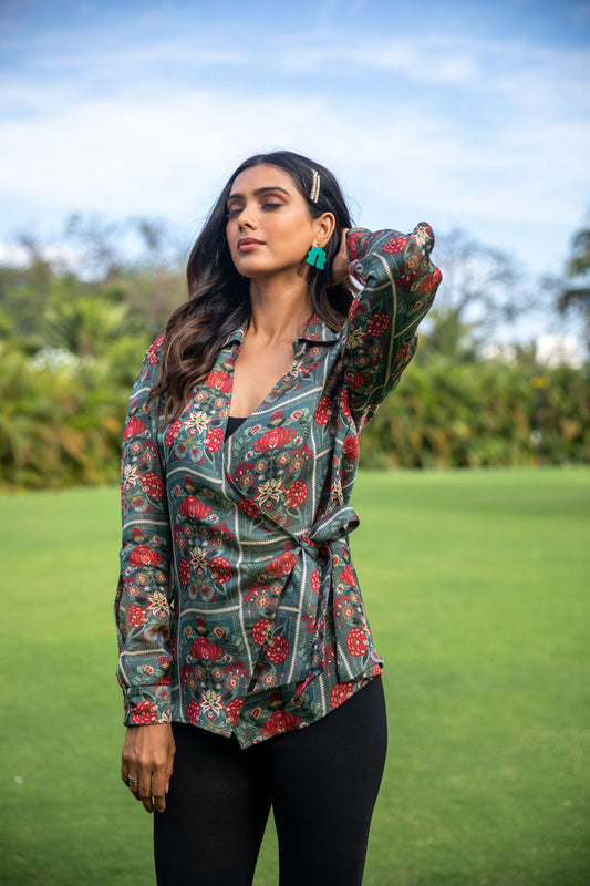 Floral Frame Tie-up Green Shirt - Yuvani