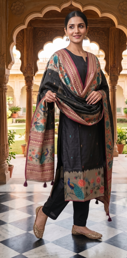 Black Ethnic Peacock Print Kurti Set
