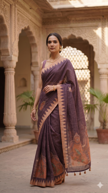 Brown Mughal Bird Print Handwork Chanderi Cotton Saree