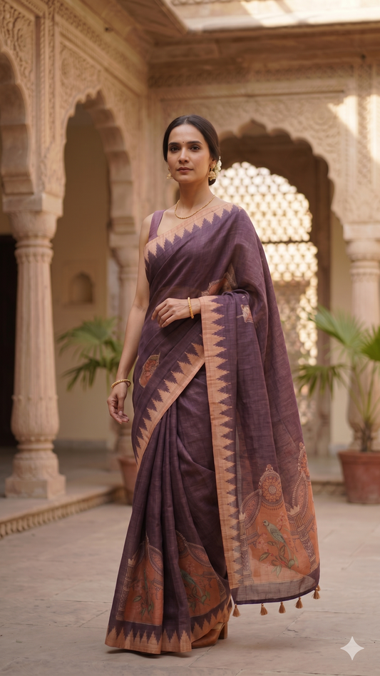 Brown Mughal Bird Print Handwork Chanderi Cotton Saree