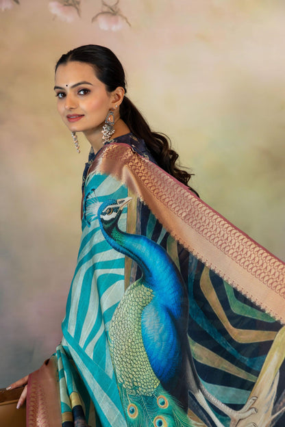 Geometric Peacock Print Jacquard Saree - Yuvani