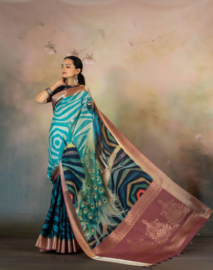 Geometric Peacock Print Jacquard Saree - Yuvani