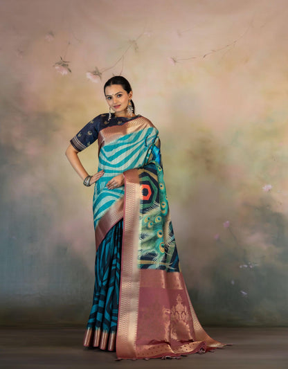 Geometric Peacock Print Jacquard Saree - Yuvani
