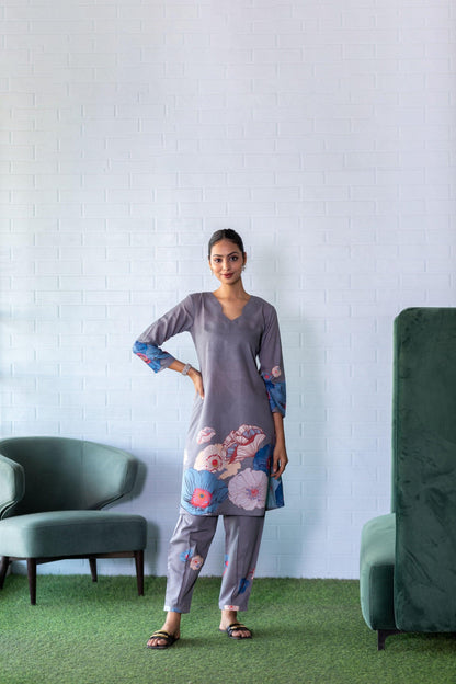 Grey Floral Cotton Coord Set - Yuvani