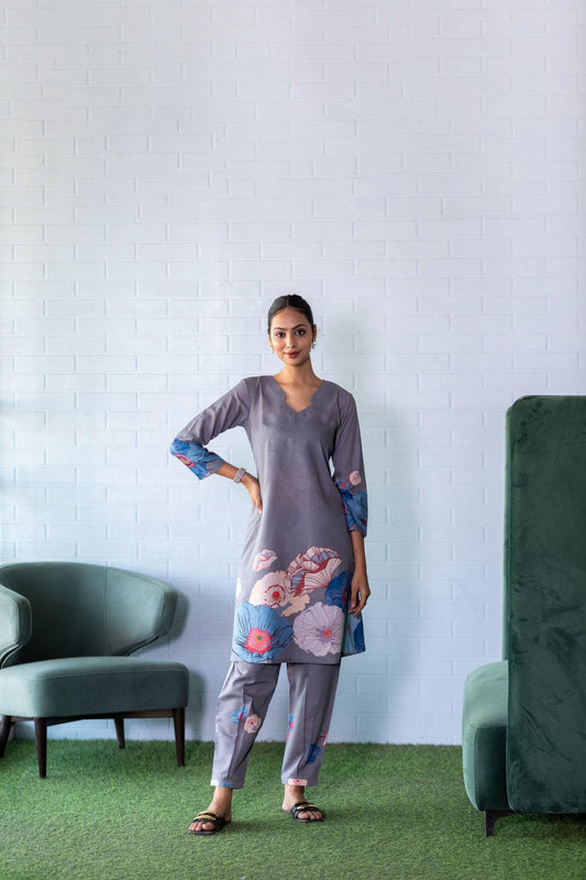 Grey Floral Cotton Coord Set - Yuvani