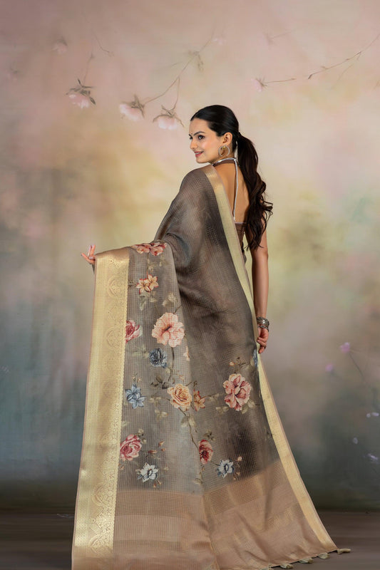 Grey Floral Print Jacquard Checks Saree - Yuvani