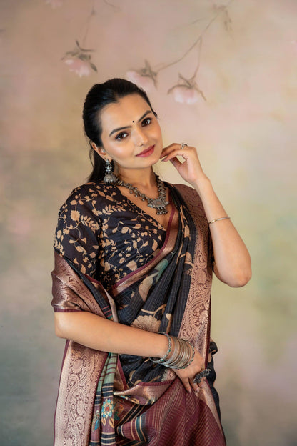 Hand Paint Kalamkari Jacquard Checks Print Saree - Yuvani