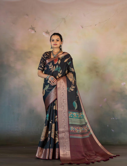 Hand Paint Kalamkari Jacquard Checks Print Saree - Yuvani