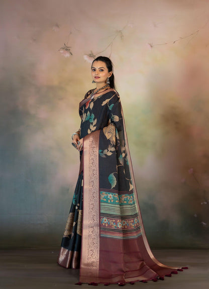 Hand Paint Kalamkari Jacquard Checks Print Saree - Yuvani