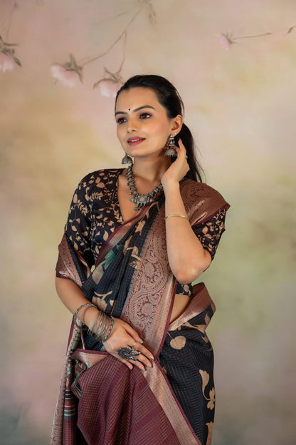 Hand Paint Kalamkari Jacquard Checks Print Saree - Yuvani