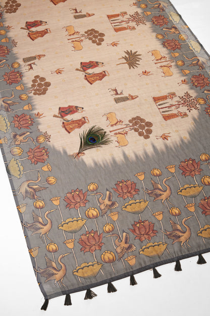 Kalamkari Katha Linen Saree - Yuvani