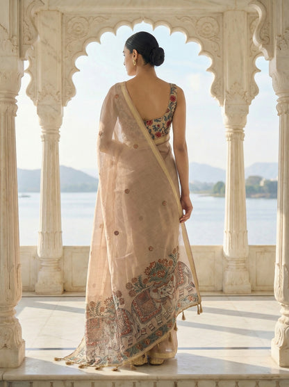 Woman in a traditional saree standing in an architectural setting with a scenic view. Light Grey Jamdani Cotton Woven Saree for women