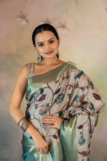 Metallic Kalamkari Print Jacquard Saree - Yuvani