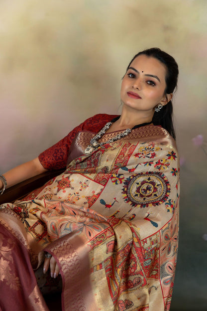 Mica Embroidery Effect Print Jacquard Saree - Yuvani