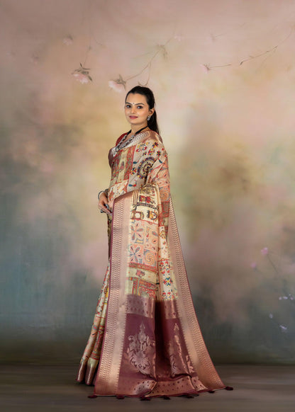 Mica Embroidery Effect Print Jacquard Saree - Yuvani