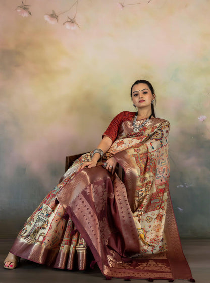 Mica Embroidery Effect Print Jacquard Saree - Yuvani
