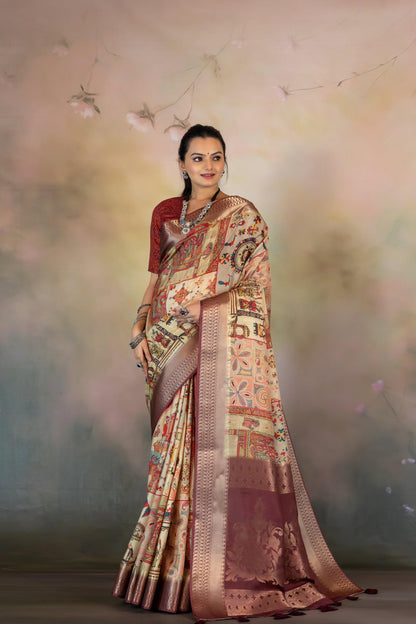 Mica Embroidery Effect Print Jacquard Saree - Yuvani