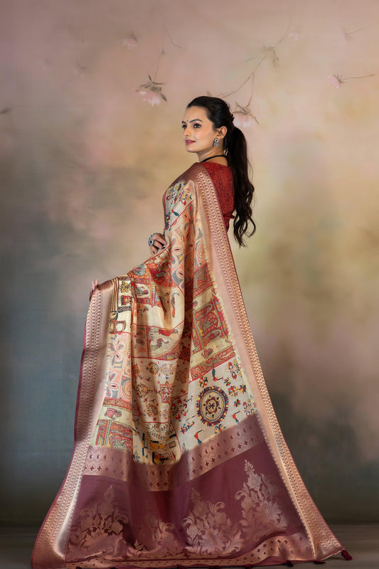 Mica Embroidery Effect Print Jacquard Saree - Yuvani