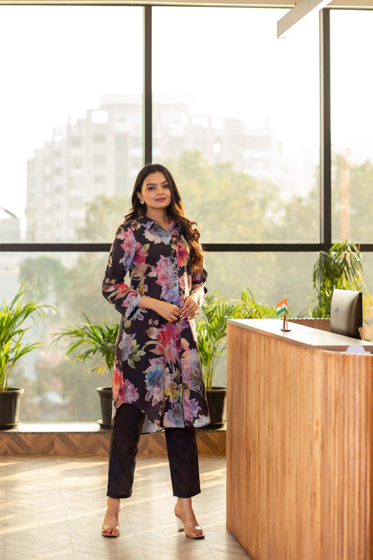 Midnight Navy Long Shirt Coord Set - Yuvani