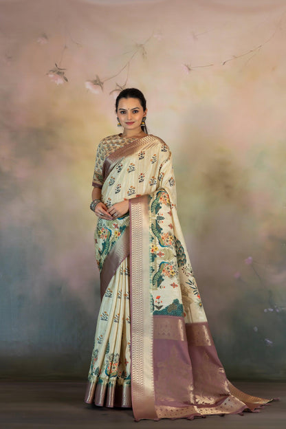 Mughal Motif Print Jacquard Saree - Yuvani