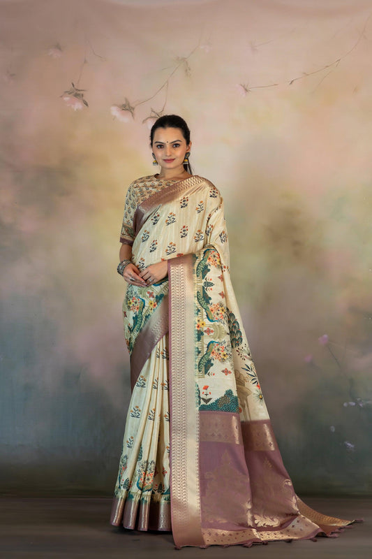 Mughal Motif Print Jacquard Saree - Yuvani