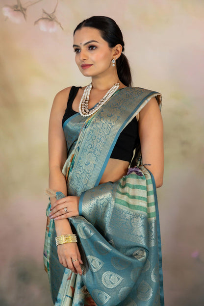 Multicolor Floral Print Jacquard Saree - Yuvani