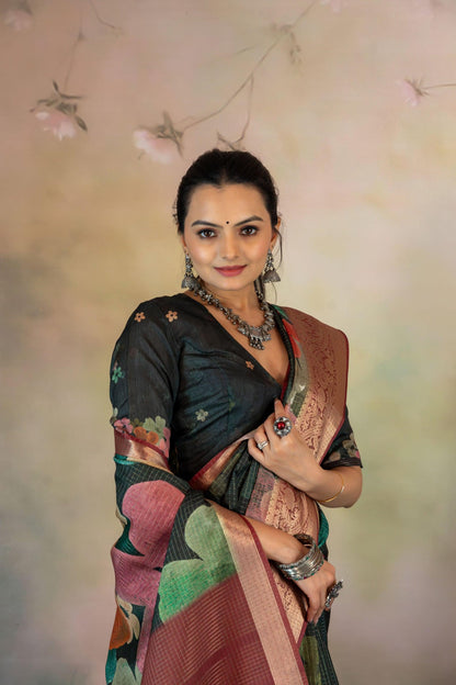 Multicolor Large Flower Print Jacquard Checks Saree - Yuvani