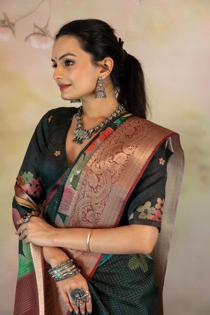 Multicolor Large Flower Print Jacquard Checks Saree - Yuvani