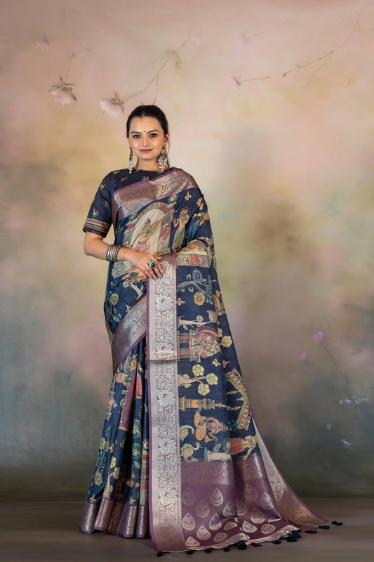 Navy Blue Figure Print Jacquard Saree - Yuvani