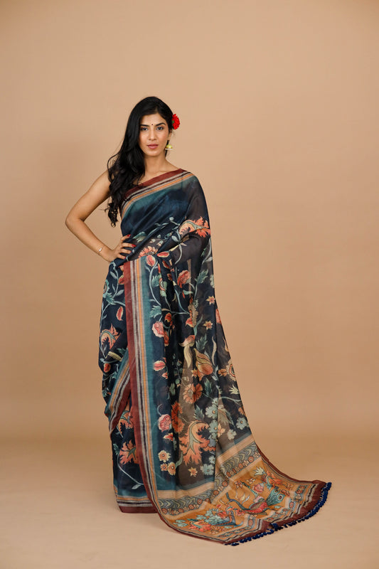 Navy Blue Kalamkari Print Saree - Yuvani