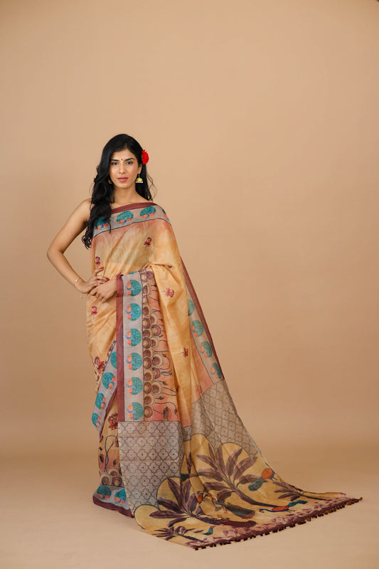 Pichwai Print Mustard Color Saree - Yuvani