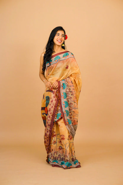 Pichwai Print Mustard Color Saree - Yuvani
