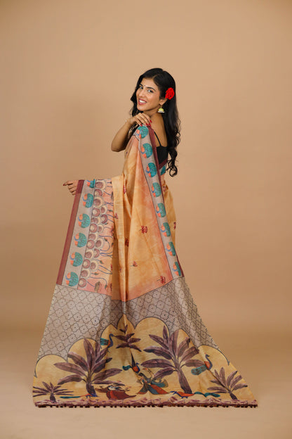 Pichwai Print Mustard Color Saree - Yuvani