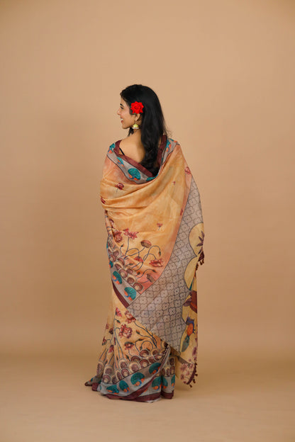 Pichwai Print Mustard Color Saree - Yuvani
