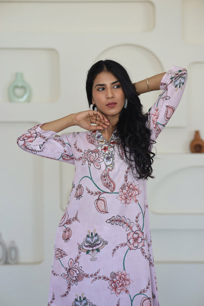 Pink Floral Printed Kurti Set - Yuvani