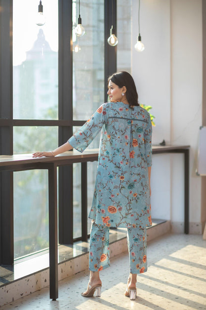 Powder Blue Floral Dress Set - Yuvani