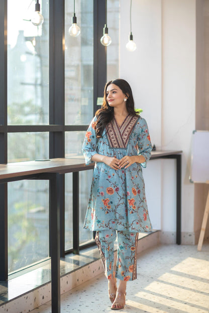 Powder Blue Floral Dress Set - Yuvani