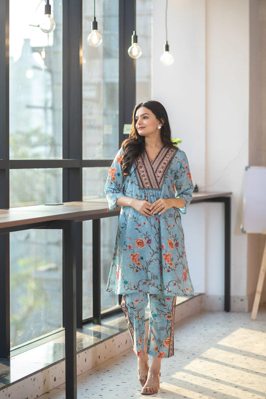 Powder Blue Floral Dress Set - Yuvani