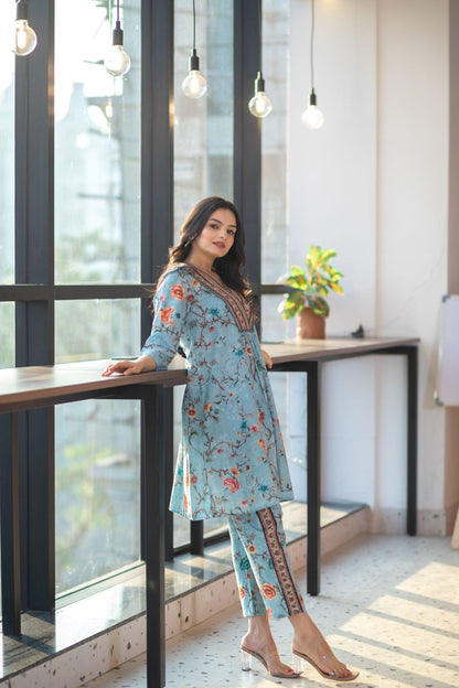 Powder Blue Floral Dress Set - Yuvani