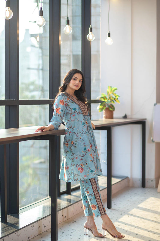 Powder Blue Floral Dress Set - Yuvani
