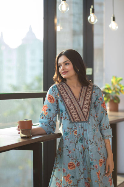 Powder Blue Floral Dress Set - Yuvani