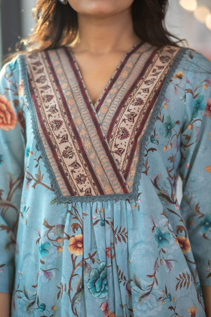 Powder Blue Floral Dress Set - Yuvani