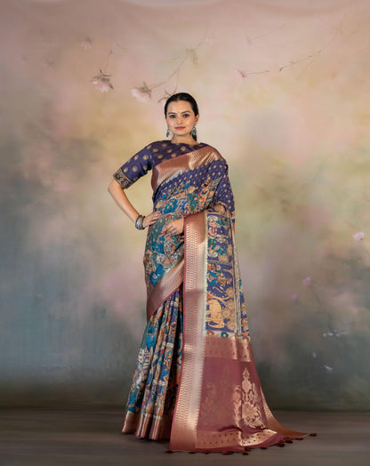 Purple Kalamkari Print Jacquard Saree - Yuvani