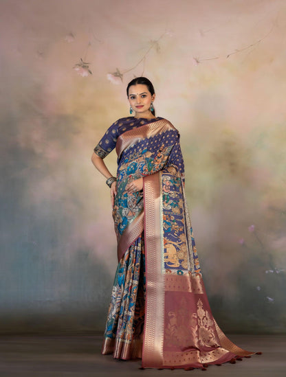 Purple Kalamkari Print Jacquard Saree - Yuvani
