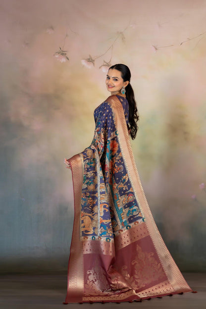 Purple Kalamkari Print Jacquard Saree - Yuvani