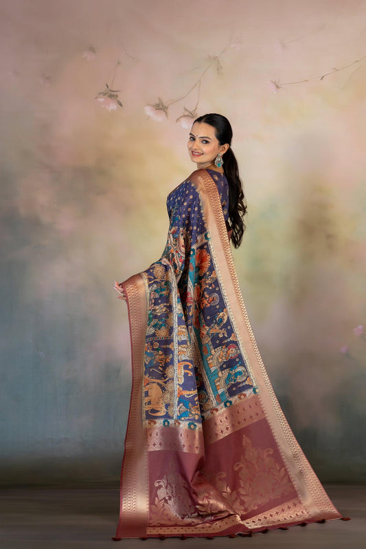 Purple Kalamkari Print Jacquard Saree - Yuvani