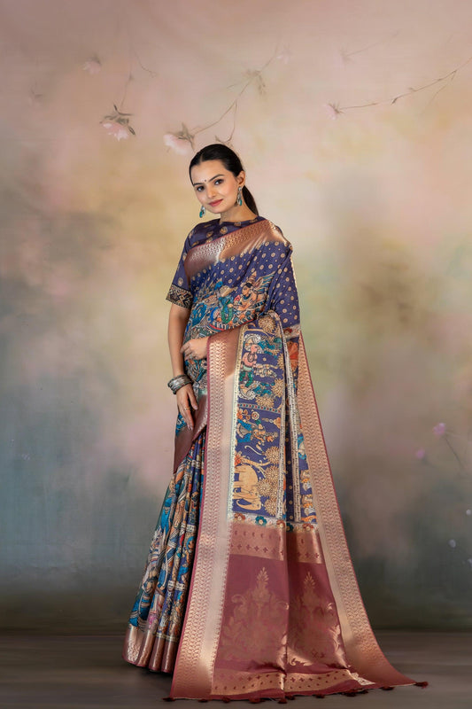 Purple Kalamkari Print Jacquard Saree - Yuvani