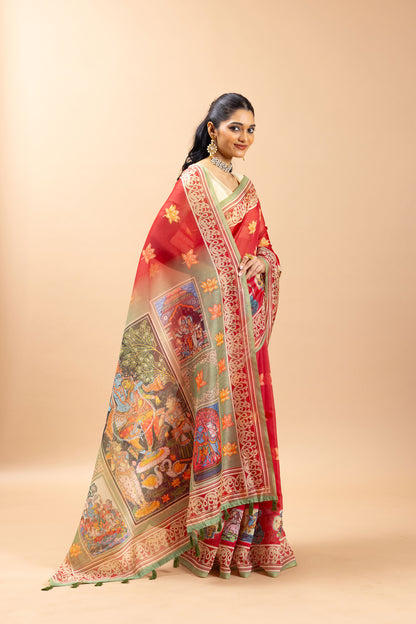 Woman wearing a traditional saree with intricate patterns on a beige background Radha Ridhaya Chanderi Saree | Yuvani Vesture